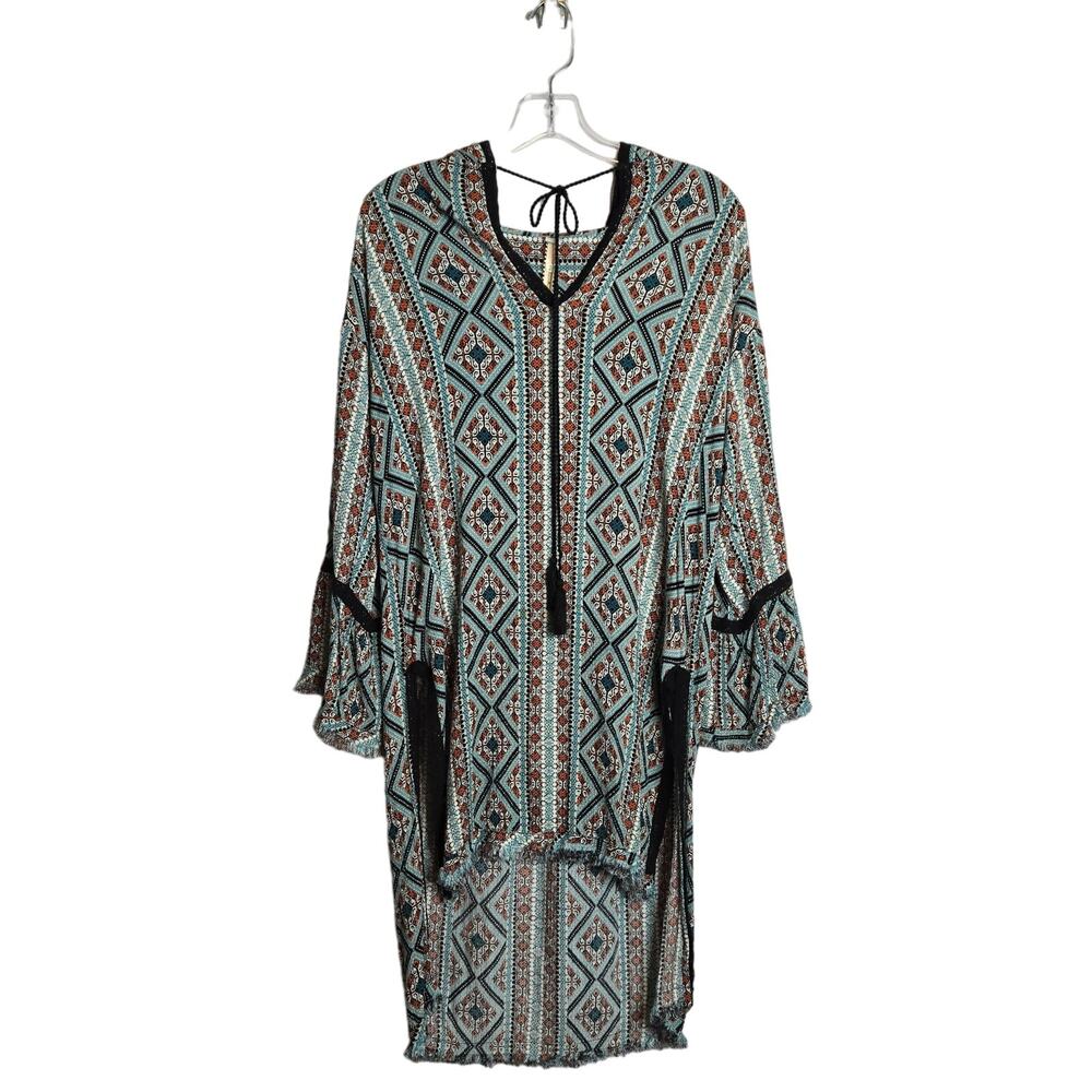 Uncle Frank Hooded Printed Crochet Lace Trim Tunic Dress XS Boho Hippie Festival